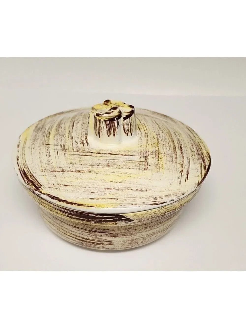 Vernonware Mid Century Brown, Ivory Yellow Ceramic Serving Dish w Lid 7x4.5